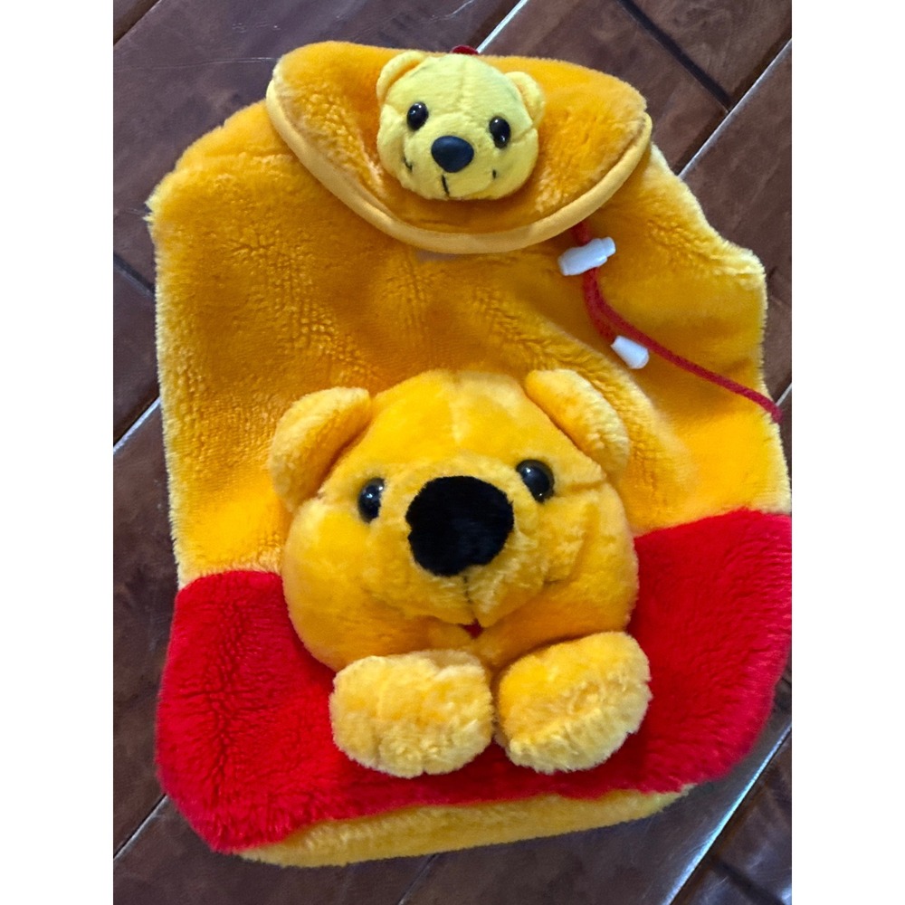 Winnie the Pooh Plush Backpack Yellow Red Fuzzy 3D Character Drawstring Bag